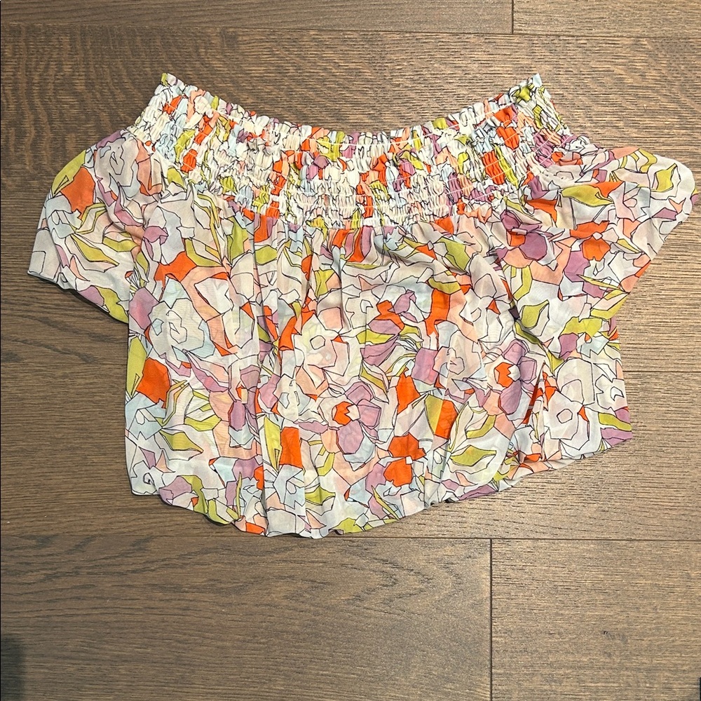 Free People Floral Off-Shoulder Crop Top in White, Orange, Pink, Purple, Green